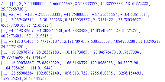 A := Matrix(8, 8, {(1, 1) = 1., (1, 2) = 2., (1, 3) = 3.500000000, (1, 4) = 5.666666667, (1, 5) = 8.708333333, (1, 6) = 12.88333333, (1, 7) = 18.50972222, (1, 8) = 25.97658730, (2, 1) = 0., (2, 2) = -2., (2, 3) = -6., (2, 4) = -13., (2, 5) = -24.33333333, (2, 6) = -41.75000000, (2, 7) = -67.51666667, (2, 8) = -104.5361111, (3, 1) = 1., (3, 2) = -2.987486314, (3, 3) = -3.301220288, (3, 4) = .5119939327, (3, 5) = 9.171314221, (3, 6) = 23.72035697, (3, 7) = 45.59773916, (3, 8) = 76.72165628, (4, 1) = 1., (4, 2) = -4.549878909, (4, 3) = -1.208865530, (4, 4) = 6.408882482, (4, 5) = 16.03540544, (4, 6) = 27.10075251, (4, 7) = 40.26736031, (4, 8) = 57.11215315, (5, 1) = 1., (5, 2) = -7.181375466, (5, 3) = 6.777193107, (5, 4) = 12.19170970, (5, 5) = 9.600555508, (5, 6) = 7.084730200, (5, 7) = 11.13249218, (5, 8) = 24.60731420, (6, 1) = 1., (6, 2) = -10.92878792, (6, 3) = 28.28352183, (6, 4) = -10.19173665, (6, 5) = -20.04576479, (6, 6) = 9.17677094, (6, 7) = 39.97816692, (6, 8) = 49.07345342, (7, 1) = 1., (7, 2) = -16.09078867, (7, 3) = 78.08969329, (7, 4) = -166.5158779, (7, 5) = 129.0586058, (7, 6) = 104.8307190, (7, 7) = -104.838425, (7, 8) = -111.0119440, (8, 1) = 1., (8, 2) = -23.55908364, (8, 3) = 192.6052140, (8, 4) = -856.8131732, (8, 5) = 2255.610395, (8, 6) = -3256.154493, (8, 7) = 1577.05254, (8, 8) = 2063.443568})