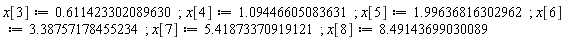 x [3]: = .611423302089630؛  x [4]: ​​= 1.09446605083631؛  x [5]: = 1.99636816302962؛  x [6]: = 3.38757178455234؛  x [7]: = 5.41873370919121؛  x [8]: = 8.49143699030089