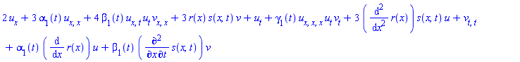 2*u[x]+3*alpha[1](t)*u[x, x]+4*beta[1](t)*u[x, t]*u[t]*v[x, x]+3*r(x)*s(x, t)*v+u[t]+gamma[1](t)*u[x, x, x]*u[t]*v[t]+3*(diff(diff(r(x), x), x))*s(x, t)*u+v[t, t]+alpha[1](t)*(diff(r(x), x))*u+beta[1](t)*(diff(diff(s(x, t), t), x))*v