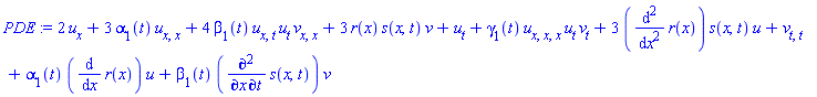 2*u[x]+3*alpha[1](t)*u[x, x]+4*beta[1](t)*u[x, t]*u[t]*v[x, x]+3*r(x)*s(x, t)*v+u[t]+gamma[1](t)*u[x, x, x]*u[t]*v[t]+3*(diff(diff(r(x), x), x))*s(x, t)*u+v[t, t]+alpha[1](t)*(diff(r(x), x))*u+beta[1](t)*(diff(diff(s(x, t), t), x))*v