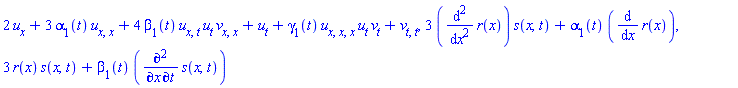 2*u[x]+3*alpha[1](t)*u[x, x]+4*beta[1](t)*u[x, t]*u[t]*v[x, x]+u[t]+gamma[1](t)*u[x, x, x]*u[t]*v[t]+v[t, t], 3*(diff(diff(r(x), x), x))*s(x, t)+alpha[1](t)*(diff(r(x), x)), 3*r(x)*s(x, t)+beta[1](t)*(diff(diff(s(x, t), t), x))