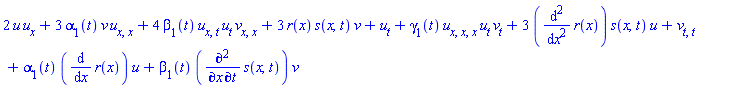 2*u*u[x]+3*alpha[1](t)*v*u[x, x]+4*beta[1](t)*u[x, t]*u[t]*v[x, x]+3*r(x)*s(x, t)*v+u[t]+gamma[1](t)*u[x, x, x]*u[t]*v[t]+3*(diff(diff(r(x), x), x))*s(x, t)*u+v[t, t]+alpha[1](t)*(diff(r(x), x))*u+beta[1](t)*(diff(diff(s(x, t), t), x))*v