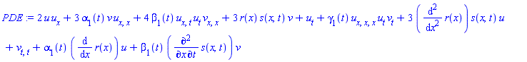 2*u*u[x]+3*alpha[1](t)*v*u[x, x]+4*beta[1](t)*u[x, t]*u[t]*v[x, x]+3*r(x)*s(x, t)*v+u[t]+gamma[1](t)*u[x, x, x]*u[t]*v[t]+3*(diff(diff(r(x), x), x))*s(x, t)*u+v[t, t]+alpha[1](t)*(diff(r(x), x))*u+beta[1](t)*(diff(diff(s(x, t), t), x))*v
