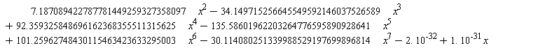 y1 := 7.187089422787781449259327358097*x^2-34.149715256645549592146037526589*x^3+92.359325848696162368355511315625*x^4-135.58601962203264776595890928641*x^5+101.25962748430115463423633295003*x^6-30.114080251339988529197699896814*x^7-2.*10^(-32)+1.*10^(-31)*x