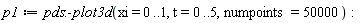p1 := pds:-plot3d(xi = 0 .. 1, t = 0 .. 5, numpoints = 50000):