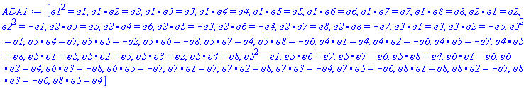 _DG([["Algebra", alg1, [8, table( [ ] )]], [[[1, 1, 1], 1], [[1, 2, 2], 1], [[1, 3, 3], 1], [[1, 4, 4], 1], [[1, 5, 5], 1], [[1, 6, 6], 1], [[1, 7, 7], 1], [[1, 8, 8], 1], [[2, 1, 2], 1], [[2, 2, 1], -1], [[2, 3, 5], 1], [[2, 4, 6], 1], [[2, 5, 3], -1], [[2, 6, 4], -1], [[2, 7, 8], 1], [[2, 8, 7], -1], [[3, 1, 3], 1], [[3, 2, 5], -1], [[3, 3, 1], 1], [[3, 4, 7], 1], [[3, 5, 2], -1], [[3, 6, 8], -1], [[3, 7, 4], 1], [[3, 8, 6], -1], [[4, 1, 4], 1], [[4, 2, 6], -1], [[4, 3, 7], -1], [[4, 5, 8], 1], [[5, 1, 5], 1], [[5, 2, 3], 1], [[5, 3, 2], 1], [[5, 4, 8], 1], [[5, 5, 1], 1], [[5, 6, 7], 1], [[5, 7, 6], 1], [[5, 8, 4], 1], [[6, 1, 6], 1], [[6, 2, 4], 1], [[6, 3, 8], -1], [[6, 5, 7], -1], [[7, 1, 7], 1], [[7, 2, 8], 1], [[7, 3, 4], -1], [[7, 5, 6], -1], [[8, 1, 8], 1], [[8, 2, 7], -1], [[8, 3, 6], -1], [[8, 5, 4], 1]]])