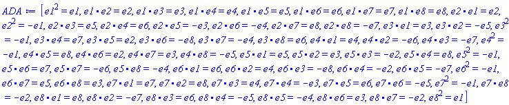 _DG([["Algebra", alg, [8, table( [ ] )]], [[[1, 1, 1], 1], [[1, 2, 2], 1], [[1, 3, 3], 1], [[1, 4, 4], 1], [[1, 5, 5], 1], [[1, 6, 6], 1], [[1, 7, 7], 1], [[1, 8, 8], 1], [[2, 1, 2], 1], [[2, 2, 1], -1], [[2, 3, 5], 1], [[2, 4, 6], 1], [[2, 5, 3], -1], [[2, 6, 4], -1], [[2, 7, 8], 1], [[2, 8, 7], -1], [[3, 1, 3], 1], [[3, 2, 5], -1], [[3, 3, 1], -1], [[3, 4, 7], 1], [[3, 5, 2], 1], [[3, 6, 8], -1], [[3, 7, 4], -1], [[3, 8, 6], 1], [[4, 1, 4], 1], [[4, 2, 6], -1], [[4, 3, 7], -1], [[4, 4, 1], -1], [[4, 5, 8], 1], [[4, 6, 2], 1], [[4, 7, 3], 1], [[4, 8, 5], -1], [[5, 1, 5], 1], [[5, 2, 3], 1], [[5, 3, 2], -1], [[5, 4, 8], 1], [[5, 5, 1], -1], [[5, 6, 7], 1], [[5, 7, 6], -1], [[5, 8, 4], -1], [[6, 1, 6], 1], [[6, 2, 4], 1], [[6, 3, 8], -1], [[6, 4, 2], -1], [[6, 5, 7], -1], [[6, 6, 1], -1], [[6, 7, 5], 1], [[6, 8, 3], 1], [[7, 1, 7], 1], [[7, 2, 8], 1], [[7, 3, 4], 1], [[7, 4, 3], -1], [[7, 5, 6], 1], [[7, 6, 5], -1], [[7, 7, 1], -1], [[7, 8, 2], -1], [[8, 1, 8], 1], [[8, 2, 7], -1], [[8, 3, 6], 1], [[8, 4, 5], -1], [[8, 5, 4], -1], [[8, 6, 3], 1], [[8, 7, 2], -1], [[8, 8, 1], 1]]])