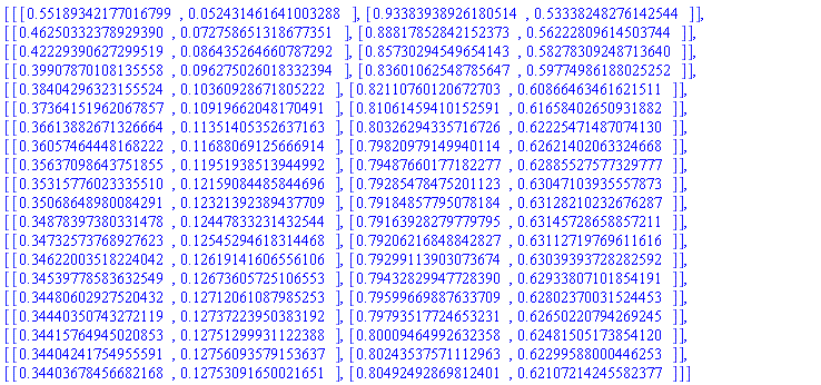 [[[.55189342177016799, 0.52431461641003288e-1], [.93383938926180514, .53338248276142544]], [[.46250332378929390, 0.72758651318677351e-1], [.88817852842152373, .56222809614503744]], [[.42229390627299519, 0.86435264660787292e-1], [.85730294549654143, .58278309248713640]], [[.39907870108135558, 0.96275026018332394e-1], [.83601062548785647, .59774986188025252]], [[.38404296323155524, .10360928671805222], [.82110760120672703, .60866463461621511]], [[.37364151962067857, .10919662048170491], [.81061459410152591, .61658402650931882]], [[.36613882671326664, .11351405352637163], [.80326294335716726, .62225471487074130]], [[.36057464448168222, .11688069125666914], [.79820979149940114, .62621402063324668]], [[.35637098643751855, .11951938513944992], [.79487660177182277, .62885527577329777]], [[.35315776023335510, .12159084485844696], [.79285478475201123, .63047103935557873]], [[.35068648980084291, .12321392389437709], [.79184857795078184, .63128210232676287]], [[.34878397380331478, .12447833231432544], [.79163928279779795, .63145728658857211]], [[.34732573768927623, .12545294618314468], [.79206216848842827, .63112719769611616]], [[.34622003518224042, .12619141606556106], [.79299113903073674, .63039393728282592]], [[.34539778583632549, .12673605725106553], [.79432829947728390, .62933807101854191]], [[.34480602927520432, .12712061087985253], [.79599669887633709, .62802370031524453]], [[.34440350743272119, .12737223950383192], [.79793517724653231, .62650220794269245]], [[.34415764945020853, .12751299931122388], [.80009464992632358, .62481505173854120]], [[.34404241754955591, .12756093579153637], [.80243537571112963, .62299588000446253]], [[.34403678456682168, .12753091650021651], [.80492492869812401, .62107214245582377]]]