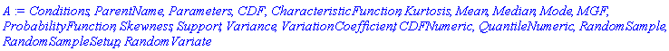 Conditions, ParentName, Parameters, CDF, CharacteristicFunction, Kurtosis, Mean, Median, Mode, MGF, ProbabilityFunction, Skewness, Support, Variance, VariationCoefficient, CDFNumeric, QuantileNumeric, RandomSample, RandomSampleSetup, RandomVariate