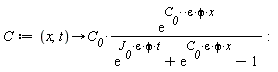 C := proc (x, t) options operator, arrow; C__0*exp(C__0^varepsilon*phi*x)/(exp(J__0*varepsilon*phi*t)+exp(C__0*varepsilon*phi*x)-1) end proc: