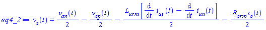 v__a(t) = (1/2)*v__an(t)-(1/2)*v__ap(t)-(1/2)*L__arm*[diff(i__ap(t), t)-(diff(i__an(t), t))]-(1/2)*R__arm*i__a(t)