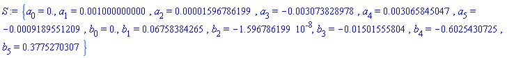{a[0] = 0., a[1] = 0.1000000000e-2, a[2] = 0.1596786199e-4, a[3] = -0.3073828978e-2, a[4] = 0.3065845047e-2, a[5] = -0.9189551209e-3, b[0] = 0., b[1] = 0.6758384265e-1, b[2] = -0.1596786199e-7, b[3] = -0.1501555804e-1, b[4] = -.6025430725, b[5] = .3775270307}