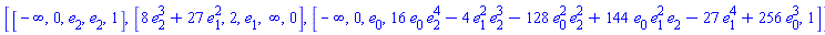 [[-infinity, 0, e[2], e[2], 1], [8*e[2]^3+27*e[1]^2, 2, e[1], infinity, 0], [-infinity, 0, e[0], 16*e[0]*e[2]^4-4*e[1]^2*e[2]^3-128*e[0]^2*e[2]^2+144*e[0]*e[1]^2*e[2]-27*e[1]^4+256*e[0]^3, 1]]
