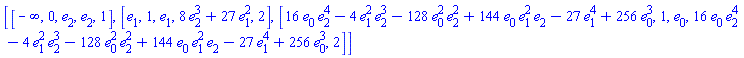 [[-infinity, 0, e[2], e[2], 1], [e[1], 1, e[1], 8*e[2]^3+27*e[1]^2, 2], [16*e[0]*e[2]^4-4*e[1]^2*e[2]^3-128*e[0]^2*e[2]^2+144*e[0]*e[1]^2*e[2]-27*e[1]^4+256*e[0]^3, 1, e[0], 16*e[0]*e[2]^4-4*e[1]^2*e[2]^3-128*e[0]^2*e[2]^2+144*e[0]*e[1]^2*e[2]-27*e[1]^4+256*e[0]^3, 2]]