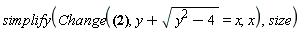 simplify(IntegrationTools:-Change(Int(Pi*(2*ln(y+(y^2-4)^(1/2))-2*ln(2))^2, y = 2 .. exp(1)+exp(-1)), y+sqrt(y^2-4) = x, x), size)