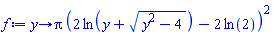 proc (y) options operator, arrow; Pi*(2*ln(y+sqrt(y^2-4))-2*ln(2))^2 end proc