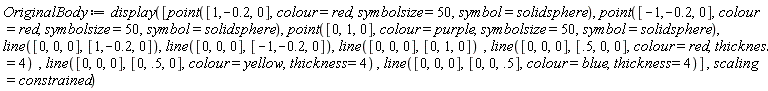 OriginalBody := display([point([1, -.2, 0], colour = red, symbolsize = 50, symbol = solidsphere), point([-1, -.2, 0], colour = red, symbolsize = 50, symbol = solidsphere), point([0, 1, 0], colour = purple, symbolsize = 50, symbol = solidsphere), line([0, 0, 0], [1, -.2, 0]), line([0, 0, 0], [-1, -.2, 0]), line([0, 0, 0], [0, 1, 0]), line([0, 0, 0], [.5, 0, 0], colour = red, thickness = 4), line([0, 0, 0], [0, .5, 0], colour = yellow, thickness = 4), line([0, 0, 0], [0, 0, .5], colour = blue, thickness = 4)], scaling = constrained)