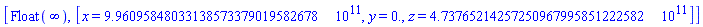[Float(infinity), [x = 996095848033.138573379019582678, y = 0., z = 473765214257.250967995851222582]]