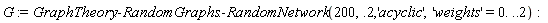 G := GraphTheory:-RandomGraphs:-RandomNetwork(200, .2, 'acyclic', 'weights' = 0. .. 2)