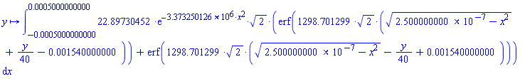 proc (y) options operator, arrow; int(22.89730452*exp(-3373250.126*x^2)*2^(1/2)*(erf(1298.701299*2^(1/2)*((0.2500000000e-6-x^2)^(1/2)+(1/40)*y-0.1540000000e-2))+erf(1298.701299*2^(1/2)*((0.2500000000e-6-x^2)^(1/2)-(1/40)*y+0.1540000000e-2))), x = -0.5000000000e-3 .. 0.5000000000e-3) end proc