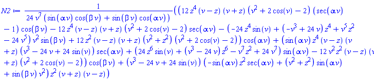 (1/24)*((12*z^4*(v-z)*(v+z)*(v^2+2*cos(v)-2)*(sec(alpha*v)-1)*cos(beta*v)-12*z^4*(v-z)*(v+z)*(v^2+2*cos(v)-2)*sec(alpha*v)-(-24*z^4*sin(v)+(-v^3+24*v)*z^4+v^5*z^2-24*v^5)*v^2*sin(beta*v)+12*z^2*(v-z)*(v+z)*(v^2+z^2)*(v^2+2*cos(v)-2))*cos(alpha*v)+(sin(alpha*v)*z^4*(v-z)*(v+z)*(v^3-24*v+24*sin(v))*sec(alpha*v)+(24*z^6*sin(v)+(v^3-24*v)*z^6-v^7*z^2+24*v^7)*sin(alpha*v)-12*v^2*z^2*(v-z)*(v+z)*(v^2+2*cos(v)-2))*cos(beta*v)+(v^3-24*v+24*sin(v))*(-sin(alpha*v)*z^2*sec(alpha*v)+(v^2+z^2)*sin(alpha*v)+sin(beta*v)*v^2)*z^2*(v+z)*(v-z))/(v^7*(sin(alpha*v)*cos(beta*v)+sin(beta*v)*cos(alpha*v)))