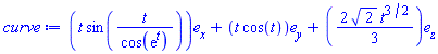 Vector(3, {(1) = t*sin(t/cos(exp(t))), (2) = t*cos(t), (3) = (2/3)*sqrt(2)*t^(3/2)})