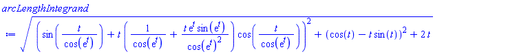 ((sin(t/cos(exp(t)))+t*(1/cos(exp(t))+t*exp(t)*sin(exp(t))/cos(exp(t))^2)*cos(t/cos(exp(t))))^2+(cos(t)-t*sin(t))^2+2*t)^(1/2)
