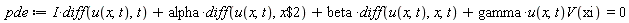 pde := I*(diff(u(x, t), t))+alpha*(diff(u(x, t), `$`(x, 2)))+beta*(diff(u(x, t), x, t))+gamma*u(x, t)*V(xi) = 0