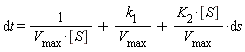 "&DifferentialD;t = 1/(`V__max`*[S])+`k__1`/(`V__max`)+(`K__2`*[S])/(`V__max`)*&DifferentialD;s"