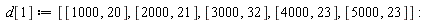 d[1] := [[1000, 20], [2000, 21], [3000, 32], [4000, 23], [5000, 23]]
