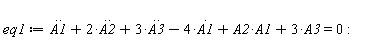 eq1 := diff(A1(t), t, t)+2*(diff(A2(t), t, t))+3*(diff(A3(t), t, t))-4*(diff(A1(t), t))+A2(t)*A1(t)+3*A3(t) = 0