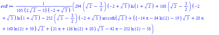 (1/105)*(294*(2^(1/2)-3/2)*(-2+3^(1/2))*ln(1+2^(1/2))+168*(2^(1/2)-3/2)*(-2+3^(1/2))*ln(1+3^(1/2))-252*(2^(1/2)-3/2)*(-2+3^(1/2))*arccoth(2^(1/2))+((-14*Pi-84*ln(2)-19)*3^(1/2)+28*Pi+168*ln(2)+50)*2^(1/2)+(21*Pi+126*ln(2)+20)*3^(1/2)-42*Pi-252*ln(2)-58)/((2*2^(1/2)-3)*(-2+3^(1/2)))