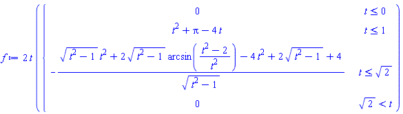 2*t*piecewise(t <= 0, 0, t <= 1, t^2+Pi-4*t, t <= 2^(1/2), -((t^2-1)^(1/2)*t^2+2*(t^2-1)^(1/2)*arcsin((t^2-2)/t^2)-4*t^2+2*(t^2-1)^(1/2)+4)/(t^2-1)^(1/2), 2^(1/2) < t, 0)