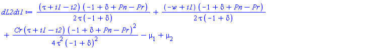 (1/2)*(tau+i1-i2)*(-1+delta+Pn-Pr)/(tau*(-1+delta))+(1/2)*(-w+i1)*(-1+delta+Pn-Pr)/(tau*(-1+delta))+(1/4)*Cr*(tau+i1-i2)*(-1+delta+Pn-Pr)^2/(tau^2*(-1+delta)^2)-mu[1]+mu[2]