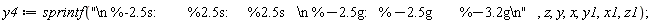 y4 := sprintf("\n %-2.5s:        %2.5s:     %2.5s   \n %-2.5g:   %-2.5g       %-3.2g\n", z, y, x, y1, x1, z1)