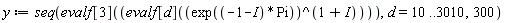 y := seq(evalf[3](evalf[d]((exp((-1-I)*Pi))^(1+I))), d = 10 .. 3010, 300)