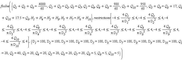 fsolve({Q__1 = Q__4, Q__3 = Q__7, H__1+H__4 = H__5+H__8, H__3+H__7 = H__6+H__10, Q__1+Q__5 = Q__2, Q__4+Q__8 = 980*(1/60), Q__5+Q__9 = Q__8+17, Q__7+Q__10 = 950*(1/60), Q__2+Q__3+Q__6 = 4000*(1/60), Q__9+Q__10+17.5 = Q__6}, restrictions[-4 <= 4*Q__1/(Pi*D__1^2) and 4*Q__1/(Pi*D__1^2) <= 4, -4 <= 4*Q__2/(Pi*D__2^2) and 4*Q__2/(Pi*D__2^2) <= 4, -4 <= 4*Q__3/(Pi*D__3^2) and 4*Q__3/(Pi*D__3^2) <= 4, -4 <= 4*Q__4/(Pi*D__4^2) and 4*Q__4/(Pi*D__4^2) <= 4, -4 <= 4*Q__5/(Pi*D__5^2) and 4*Q__5/(Pi*D__5^2) <= 4, -4 <= 4*Q__6/(Pi*D__6^2) and 4*Q__6/(Pi*D__6^2) <= 4, -4 <= 4*Q__7/(Pi*D__7^2) and 4*Q__7/(Pi*D__7^2) <= 4, -4 <= 4*Q__8/(Pi*D__8^2) and 4*Q__8/(Pi*D__8^2) <= 4, -4 <= 4*Q__9/(Pi*D__9^2) and 4*Q__9/(Pi*D__9^2) <= 4, -4 <= 4*Q__10/(Pi*D__10^2) and 4*Q__10/(Pi*D__10^2) <= 4], {D__1 = 100, D__10 = 100, D__2 = 100, D__3 = 100, D__4 = 100, D__5 = 100, D__6 = 100, D__7 = 100, D__8 = 100, D__9 = 100, Q__1 = 20, Q__10 = 5, Q__2 = 40, Q__3 = 20, Q__4 = 20, Q__5 = 20, Q__6 = 20, Q__7 = 20, Q__8 = 5, Q__9 = 5})