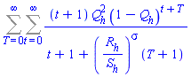 Sum(Sum((t+1)*Q[h]^2*(1-Q[h])^(t+T)/(t+1+(R[h]/S[h])^sigma*(T+1)), t = 0 .. infinity), T = 0 .. infinity)