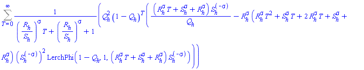 Sum(Q[h]^2*(1-Q[h])^T*((R[h]^sigma*T+S[h]^sigma+R[h]^sigma)*S[h]^(-sigma)/Q[h]-R[h]^sigma*(R[h]^sigma*T^2+S[h]^sigma*T+2*R[h]^sigma*T+S[h]^sigma+R[h]^sigma)*(S[h]^(-sigma))^2*LerchPhi(1-Q[h], 1, (R[h]^sigma*T+S[h]^sigma+R[h]^sigma)*S[h]^(-sigma)))/((R[h]/S[h])^sigma*T+(R[h]/S[h])^sigma+1), T = 0 .. infinity)