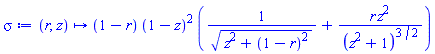 proc (r, z) options operator, arrow; (1-r)*(1-z)^2*(1/sqrt(z^2+(1-r)^2)+r*z^2/(1+z^2)^(3/2)) end proc