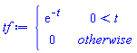 tf := piecewise(0 < t, exp(-t), 0)