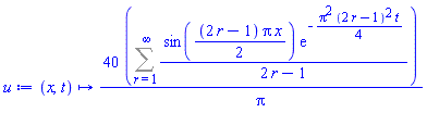 proc (x, t) options operator, arrow; 40*(Sum(sin((1/2)*(2*r-1)*Pi*x)*exp(-(1/4)*Pi^2*(2*r-1)^2*t)/(2*r-1), r = 1 .. infinity))/Pi end proc