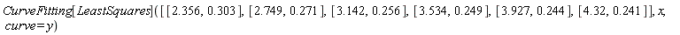 CurveFitting[LeastSquares]([[2.356, .303], [2.749, .271], [3.142, .256], [3.534, .249], [3.927, .244], [4.32, .241]], x, curve = y)