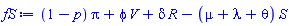 (1-p)*pi+phi*V+delta*R-(mu+lambda+theta)*S