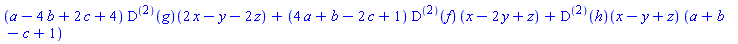 (a-4*b+2*c+4)*((D@@2)(g))(2*x-y-2*z)+(4*a+b-2*c+1)*((D@@2)(f))(x-2*y+z)+((D@@2)(h))(x-y+z)*(a+b-c+1)
