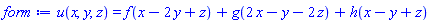 u(x, y, z) = f(x-2*y+z)+g(2*x-y-2*z)+h(x-y+z)