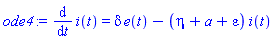 diff(i(t), t) = delta*e(t)-(eta+a+epsilon)*i(t)