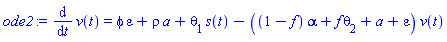 diff(v(t), t) = phi*epsilon+rho*a+theta[1]*s(t)-((1-f)*alpha+f*theta[2]+a+epsilon)*v(t)