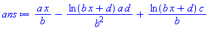 a*x/b-ln(b*x+d)*a*d/b^2+ln(b*x+d)*c/b