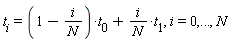 t__i = (1-i/N)*t__0+i*t__1/N, i = 0, () .. (), N